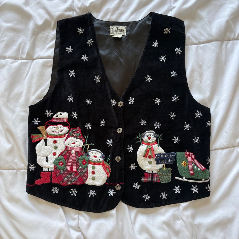 Vintage Christmas Vest Black Velvet Snowman Plaid Snowflake Medium Holiday 90s